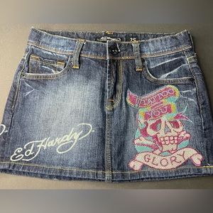 Christian Audigier Ed Hardy Tattoo Denim Mini Skirt Size 25 Y2K
